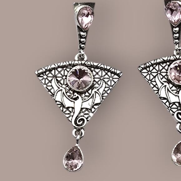 Fantasy Dragon Statement Drop Earrings Pink Crystal Silver Tone Gothic Y2K - Picture 2 of 4